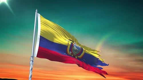 Waving Ecuador Flag Against Majestic Sunset Sky