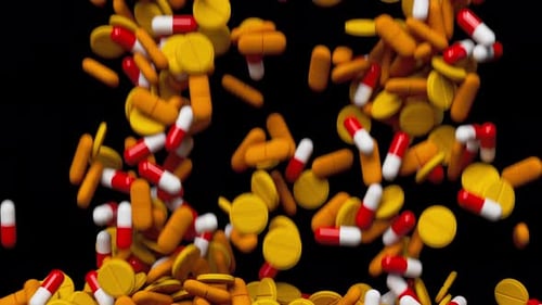 Rote und orange Tabletten fallen und füllen den Bildschirm, Medikamente, Pillen, Tabletten, Medizinkonzept, 3D-Rendern