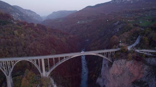 Aerial view of Tara bridge over canyon with autumn colors, Montenegro.