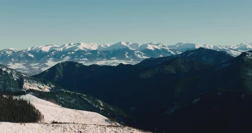 Incredible Aerial Background View of Rich Evergreen Forest Peaks and Snow Covered Mountain Tops on