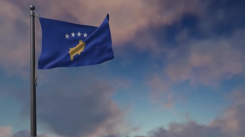 Kosovo National Flag Waving with Cloudy Sky Background