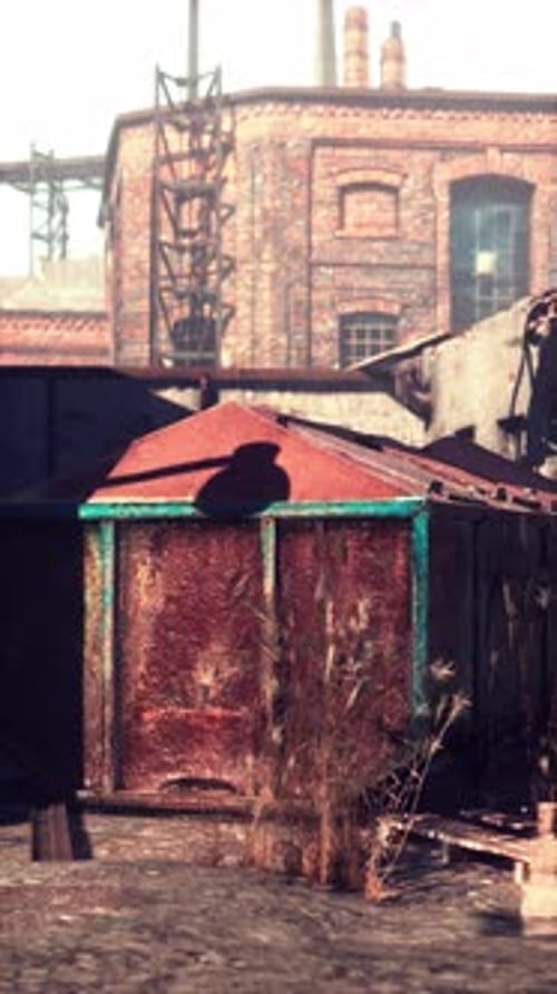 Rusted Out Building Next to Tall Brick Structure Vertical