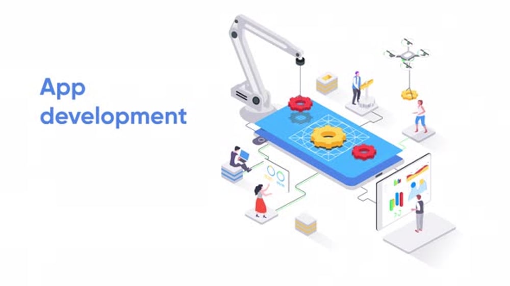 Isometric app development and digital technology animation, Elements ...