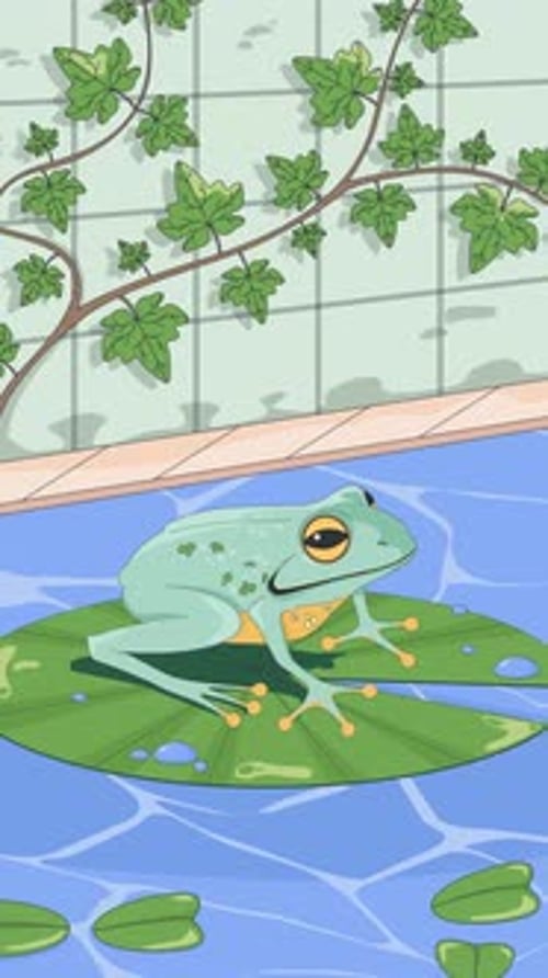 Peaceful frog on lily pad in pond against ivy wall lofi vertical animation