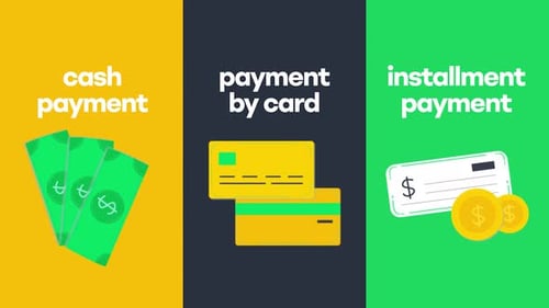 Animated Flat Design Icons: Cash, Card, and Installment Payments