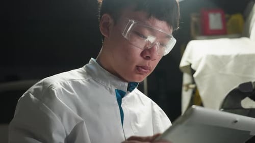 Young Chinese Student Using Tablet in Illuminated Automotive Workshop