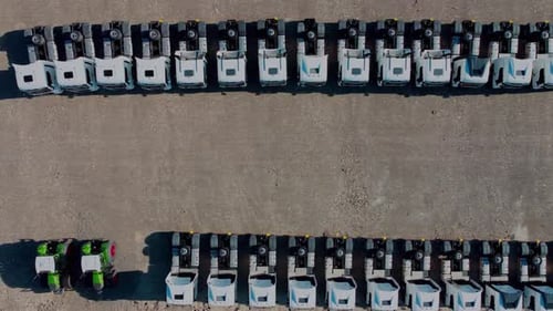 Aerial Drone View Of Organized Truck Fleet Park