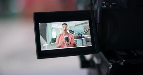 Camera screen, live streaming and presenter with man in broadcast office for info