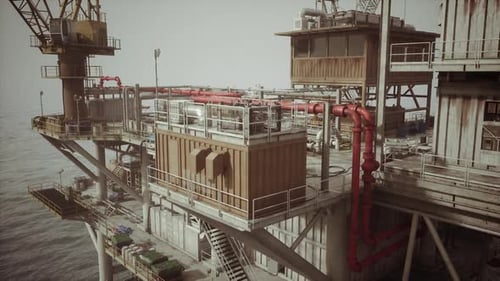 Old Oil Platform with Red Piping in Offshore Location During Daylight Hours