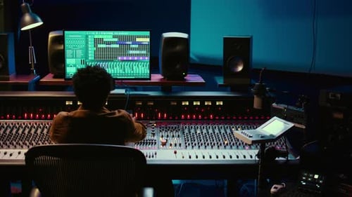 African American Sound Designer Editing Audio Recordings in Control Room