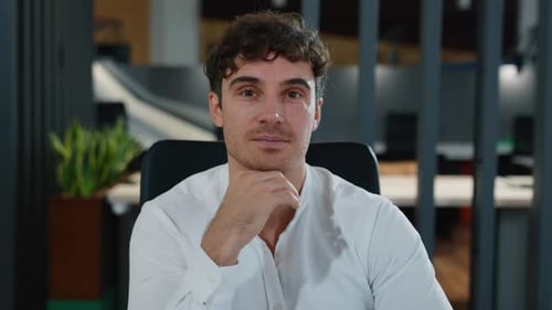 Close Up Portrait Caucasian Happy Business Man Posing at Table in Office Smiling Male Cheerful Guy