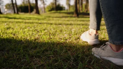 Slow Motion. Stroll through the Forest at Sunset, Female Legs in Sneakers on Green Grass.