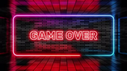 Neon sign game over in speech bubble frame on brick wall background 3d render. Light banner