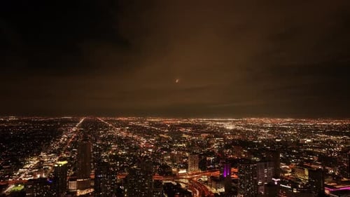Aerial view of downtown skyline at night, United States.