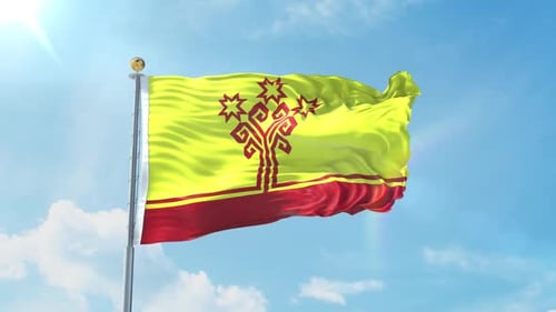 Realistic Flag Waving with Decorative Emblem on Sunny Day