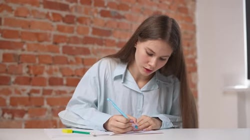 Woman College Student Studying at Home Pov Sitting at Desk Listening Watching Lesson Online on Pc