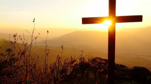 Holy Religious Cross Standing on Top of Mountain Hill Landscape