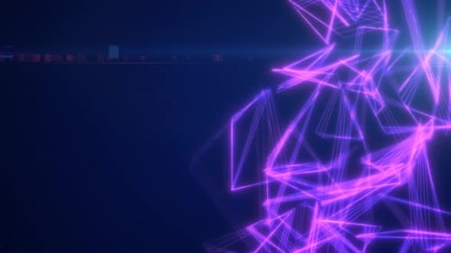 Leuchtendes lila geometrisches Netzwerk aus Neonlinien und Punkten, die ein dynamisches futuristisches digitales Netz bilden