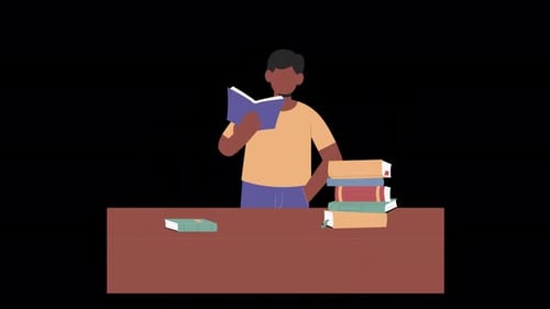 Animated Person Reading with Books Stacking on Desk