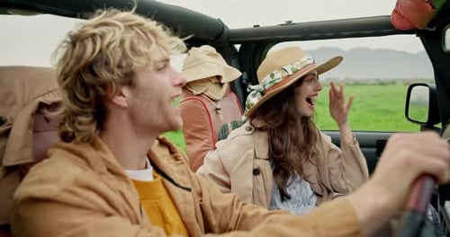 Smile, couple and laugh in car for road trip with love, travel adventure and sightseeing holiday