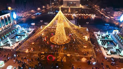 Festive City Square Aglow with Christmas Lights