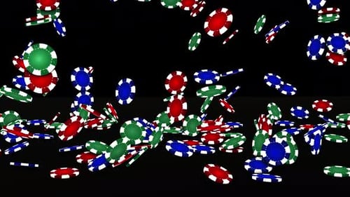 3d Casino Chips Falling Animation On Black Background. Poker Casino Chips Rotate And Falling Over Al