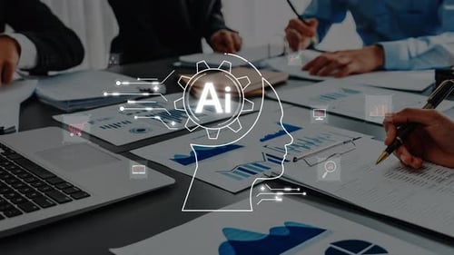 Reunião de negócios sobre análise de inteligência artificial com gráficos, laptops e colaboração em equipe i