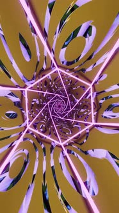 Tunnel réfléchissant abstrait jaune avec des lignes fluo roses. Animation en boucle