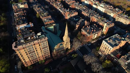 The First Church of Boston in Boston, Massachusetts - tilt down aerial view
