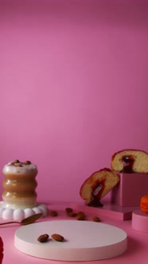 Close-up of a woman’s hand gently placing an almond-topped Berliner donut onto a round display