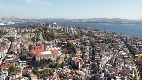 Aerial View of Hagia Sophia and Blue Mosque, Landmarks of Istanbul, Turkey With Bosphorus Strait and