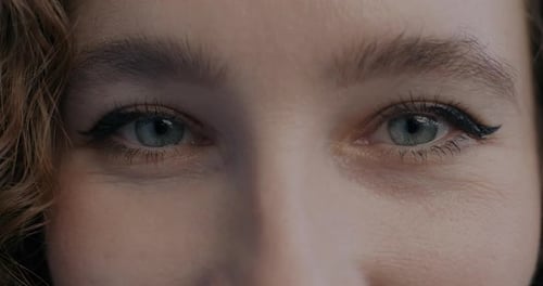 Closeup Portrait of Joyful Female Eyes Looking at Camera with Happy Expression