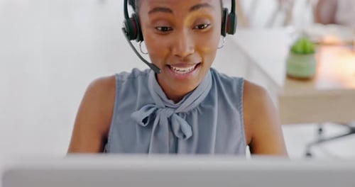 Black woman, customer service support and phone call communication on telemarketing office typing