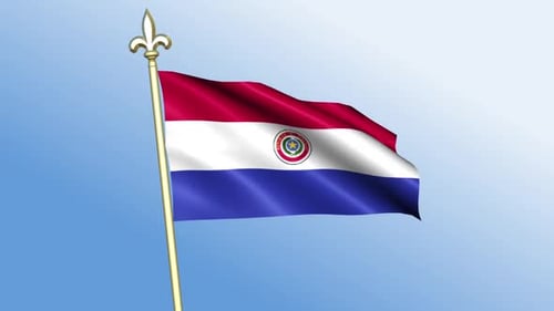 Paraguay National Flag Waving with Gold Finial and Blue Sky