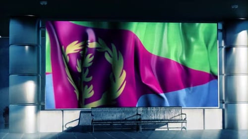 Die wehende Nationalflagge von Eritrea wird auf einem digitalen Bildschirm am Flughafen angezeigt