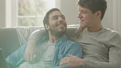 Affectionate men smiling while using laptop on sofa
