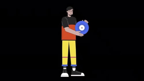 Smiling arab man holding vinyl record line 2D character animation