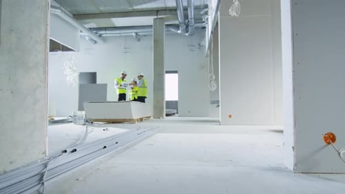 Team of Engineers in Hard Hats Having Conversation, Looking at Blueprint, inside Building Under Con