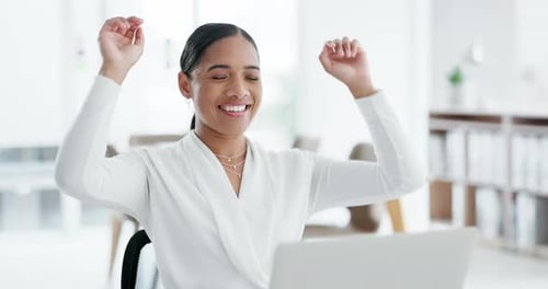 Relax, happy and businesswoman with complete work in the office with success or achievement