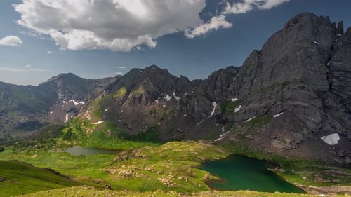 Timelapse, Clouds and Shadows Moving Above Picturesque Landscape, Mountain Hills and Alpine Lakes