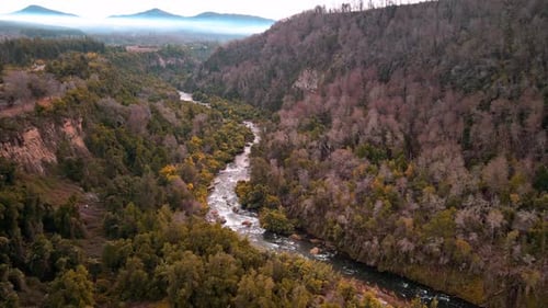 Orbiting drone aerial of turquoise river through misty canyon valley with autumn forest, dramatic