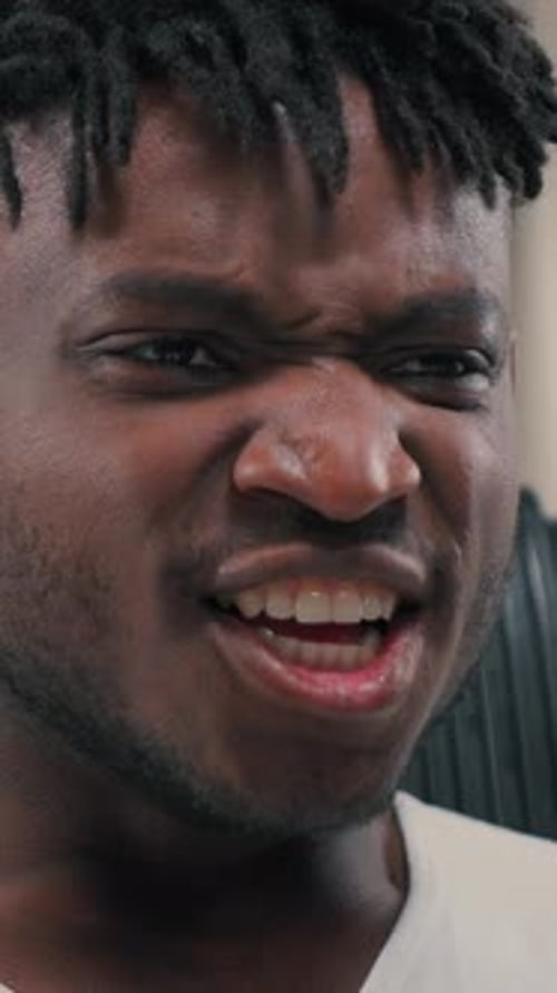 Portrait Angry African American Cyber Man Shouting Screaming in White Futurism Studio Indoors