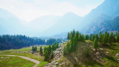 Cross Road on Hillside Meadow in Mountains