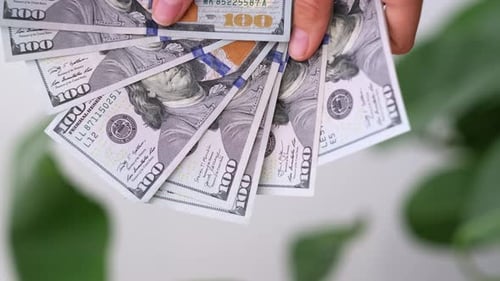 Vertikales Filmmaterial: Nahaufnahme von Frauenhänden, die Bargeld zeigen, Einnahmen aus 1000-Dollar-Banknoten