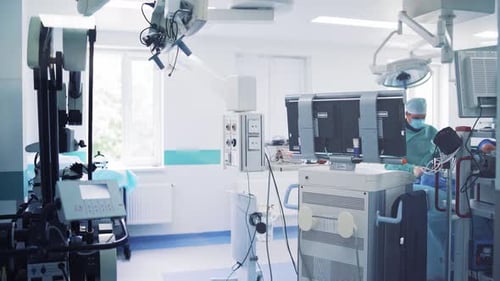 Hospital operating room. Equipment and medical devices in hybrid operating room
