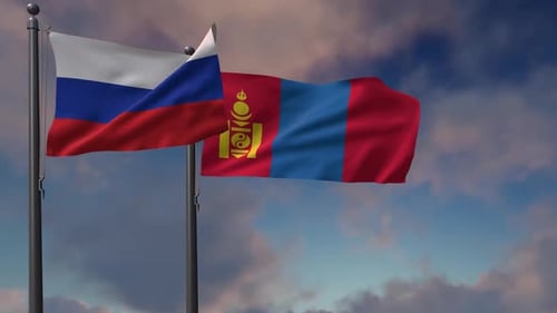 Russia and Mongolia Flags Waving Realistic Sky