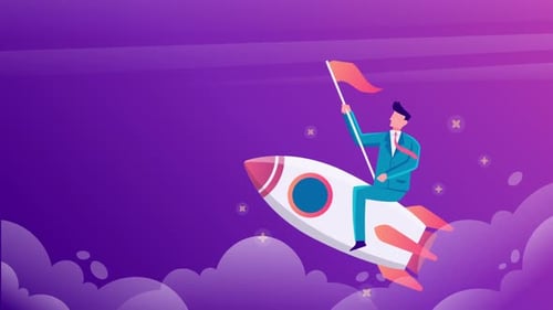 Businessman Launching on Rocket for Corporate Success Animation
