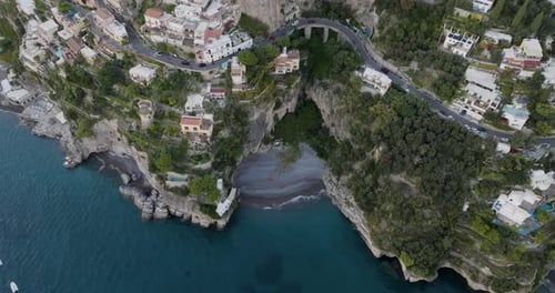 Aerial view of houses on cliffs, Italy.