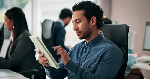 Media agency, tablet and man in office, typing and copywriting with submission