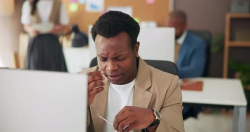 Man, glasses and eye strain with computer in office from glitch, article mistake